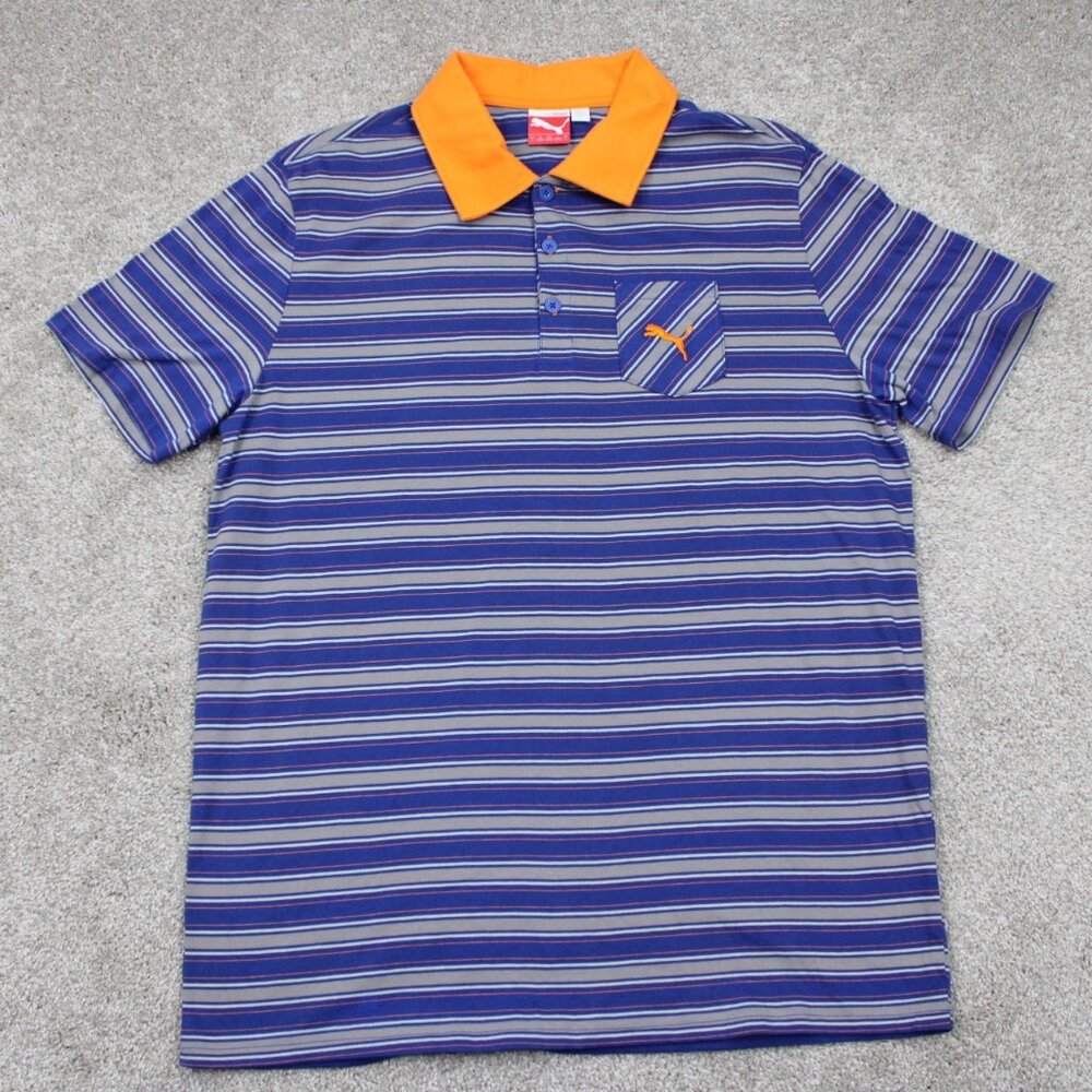 Puma Polo Shirt Mens‎ Large Blue/Orange Contrast Collar Cotton Golf S/S Pullover